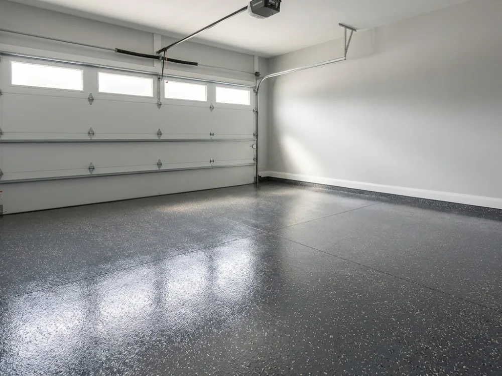Epoxy-flake garage floor coating in a Waukegan two-car garage
